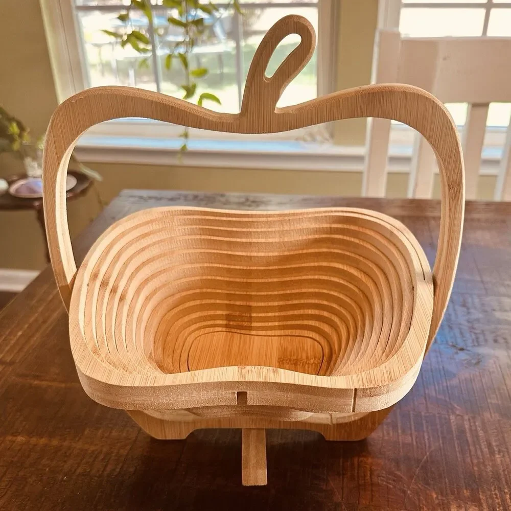 Collapsible Bamboo Fruit Basket Apple Shaped Folding Wood Bowl Trivet VTG Style